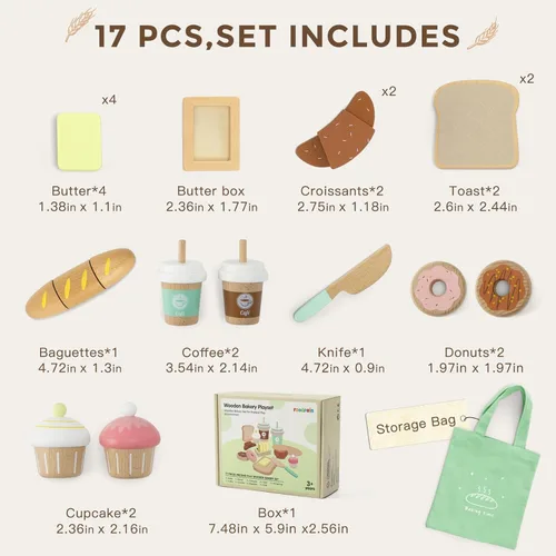 Miniatura 7 de 17 piezas de juego de alimentos de juguete de panadería de madera para niños, juego de alimentos de picnic de simulación para niños de 3 años