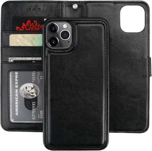 Bocasal Funda tipo cartera para iPhone 11 Pro Max con tarjetero de piel sintética magnética desmontable atril a prueba de golpes, correa de muñeca