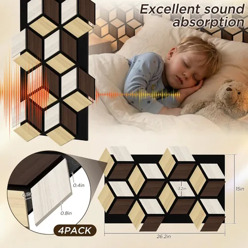 Miniatura 5 de Paquete de 4 paneles de pared acústicos, PVC 3D de 27 x 18 pulgadas, paneles de pared de madera insonorizados para decoración de pared