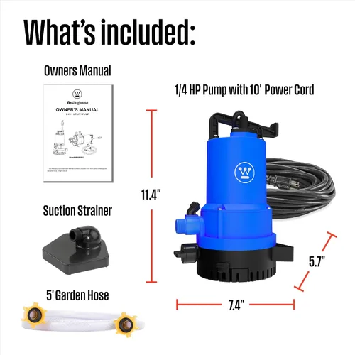 Miniatura 7 de Westinghouse Bomba sumergible de utilidad de 1/4 HP - Bomba de transferencia de agua y sumidero 2 en 1 para drenaje de piscina, sótano inundado