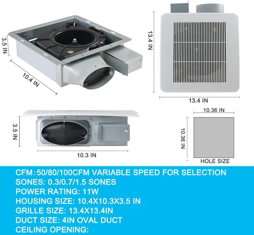 Miniatura 3 de Tech Drive - Ventilador de baño de 50-80-100 CFM DC con motor de ahorro de energía, ventilación y escape muy silencioso, ventilador para techo