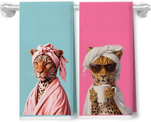 Miniatura 14 de Coquette - Toallas de cocina de leopardo con lazo rosa, toallas de mano retro de moda para baño, paños de cocina con estampado de leopardo funky