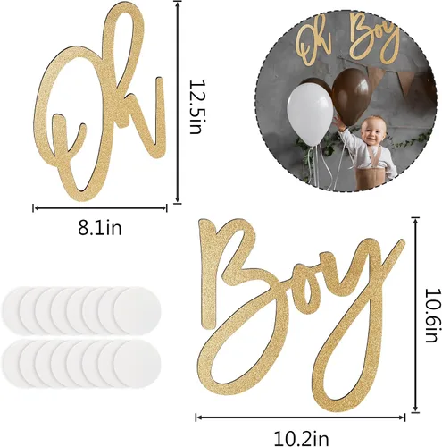 Miniatura 6 de OH BOY Letrero de madera dorado para baby shower y decoración de revelación de género, telón de fondo ligero para decoración de pared para fotos
