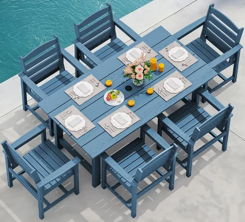 Miniatura 44 de SERWALL Juego de Mesa de Comedor de HDPE para Exteriores, Juego de 7 Piezas de Mesa de Comedor al Aire Libre con Mesa con Corte para Agujero de Gris