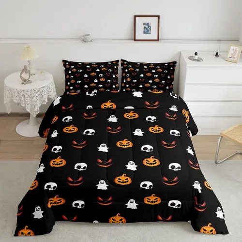 Miniatura 4 de Juego de edredón de dibujos animados tamaño individual, bonito edredón con patrón de farol de calabaza, relleno de edredón de Halloween para niños