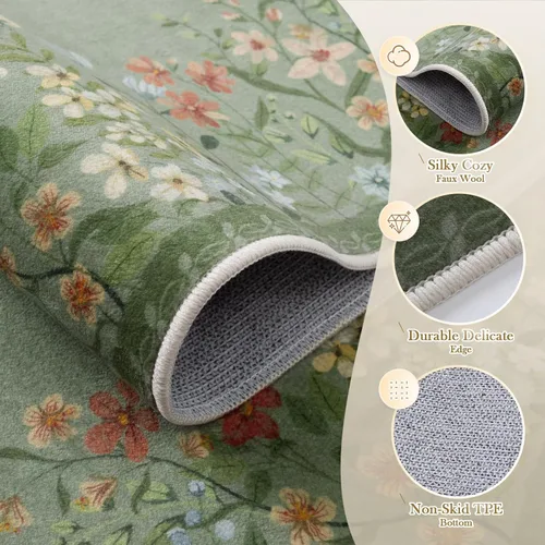 Miniatura 4 de Wonnitar Alfombra de área lavable de 2 x 3, alfombra de entrada floral verde, alfombra bohemia pequeña antideslizante para baño, alfombra suave