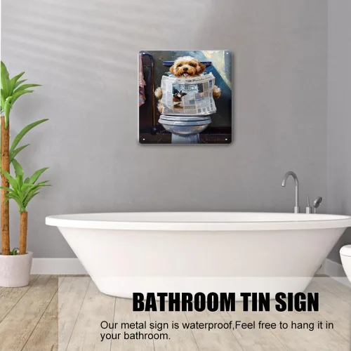 Miniatura 2 de Zomyto Placa divertida de pared con diseño de perro leyendo el periódico en el inodoro, decoración de pared para baño, decoración de pared de baño