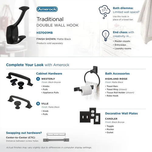 Miniatura 6 de Amerock H37001MB Gancho decorativo de pared de doble punta Vicinity 4-9/16 pulgadas (4.567 in) de longitud Gancho negro mate para abrigos