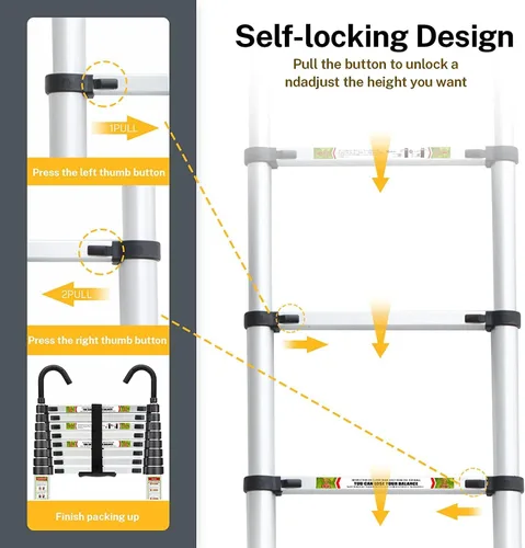 Miniatura 5 de Escalera telescópica RIKADE de aluminio de 6.5 pies con patas antideslizantes y gancho estable, escalera de extensión portátil para el hogar