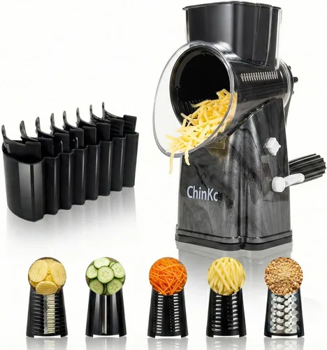 Miniatura 12 de Rallador rotativo de queso mejorado con asa, base de succión fuerte, rebanador giratorio multiusos con 5 cuchillas intercambiables para hielo, Verde