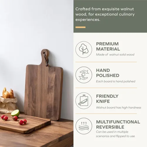 Miniatura 5 de Tabla de cortar de madera de nogal Muso Wood para cocina, tabla de cortar de madera con mango para colgar, tabla cuadrada de pan, pizza, queso