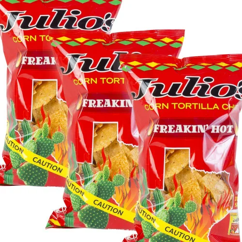 Julio's Chips de tortilla de maíz, elige un paquete, tres bolsas de 9 onzas, elige tu paquete de sabor, papas fritas calientes regulares marinadas y