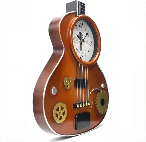 Miniatura 3 de Reloj de pared para guitarra, reloj retro en forma de guitarra de metal marrón con engranajes, silencioso sin tictac, decoración de sala de música