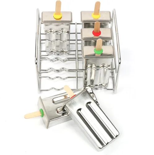 Miniatura 2 de Juego de 6 moldes y estantes de acero inoxidable para paletas – Máquina casera de golosinas de hielo con 50 palos de madera y 6 sellos de silicona