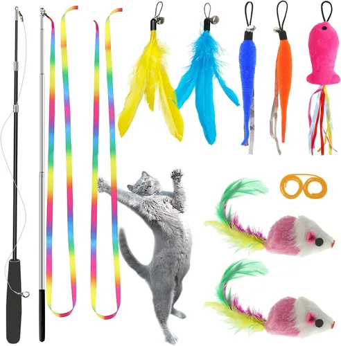 ZPH Juguetes para gatos, paquete variado de plumas interactivas para gatos, varita y gatito, incluye juguete de ejercicio para gatos, ratón, gusanos
