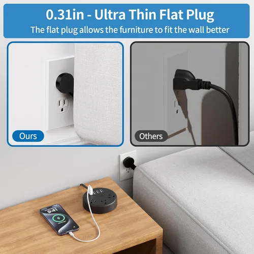 Miniatura 2 de NTONPOWER - Tira de alimentación de enchufe plano, cable de extensión plano ultrafino de 5 pies, 3 tomas de corriente y 4 puertos USB, montaje