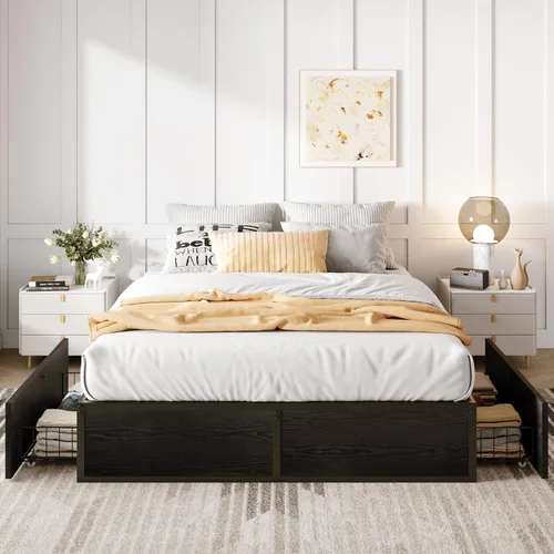 Miniatura 7 de SHA CERLIN Base de cama de plataforma Queen con 2 cajones de almacenamiento grandes, madera rústica y metal, sin ruido, fácil montaje, no necesita