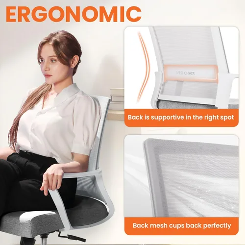 Miniatura 4 de NEO CHAIR Silla de oficina para juegos y computadora de escritorio ergonómica de malla con respaldo medio, soporte lumbar, ruedas, cómoda, Gris