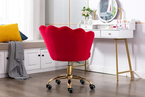 Miniatura 4 de Silla de trabajo cómoda para oficina en casa con ruedas, bonita y moderna tapizada de terciopelo con respaldo de concha, silla de escritorio de Rojo
