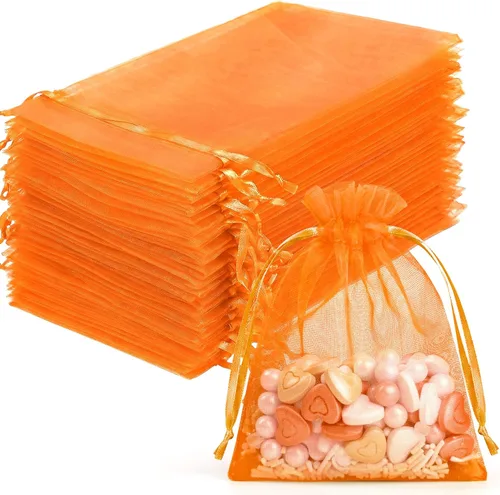 Miniatura 19 de FUNFERY 100 bolsas de organza naranja de 4 x 6 pulgadas, pequeñas bolsas de regalo con cordón de malla para bolsitas, joyas, dulces, recuerdo