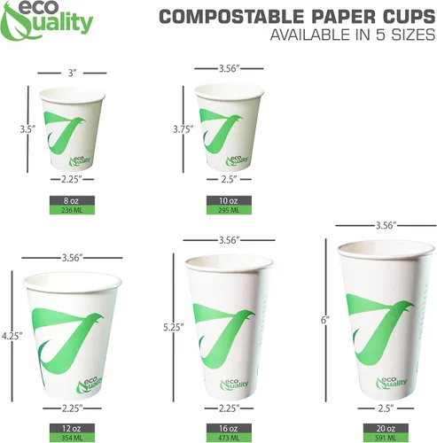 Miniatura 4 de EcoQuality Vasos de papel compostables de 12 onzas, tazas de café de papel blanco biodegradables desechables con forro de ácido poliláctico (PLA)