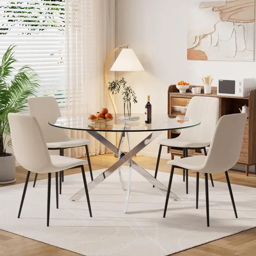 Miniatura 26 de Moderno juego de mesa redonda de vidrio para 4, 36 pulgadas, pequeña base negra de vidrio templado con 4 sillas de comedor minimalistas beige, juego