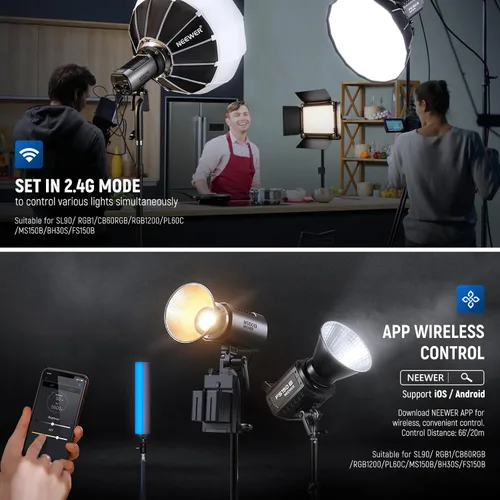 Miniatura 8 de NEEWER MS150B 130W Luz de vídeo LED bicolor, iluminación de fotografía portátil mini COB con control de aplicación, modo 2.4G, montaje Bowens