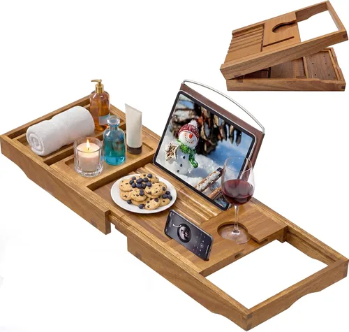 Bandeja de bañera de madera de acacia, bandeja de baño plegable para bañera, bandejas de mesa de baño expandibles, accesorios de bañera y baño para