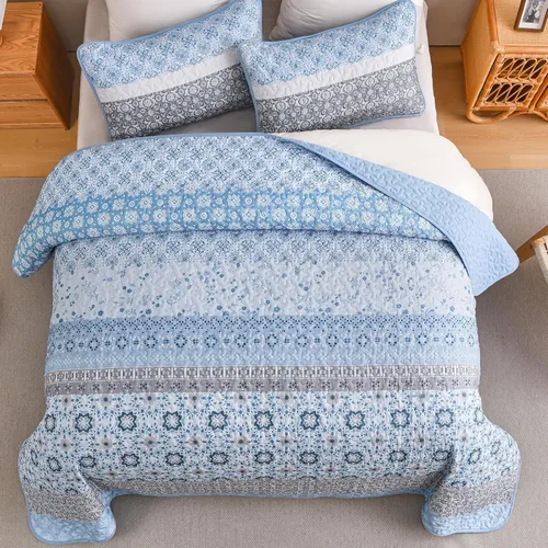 Miniatura 4 de WONGS BEDDING Juego de edredón bohemio tamaño Queen, juego de colcha de retazos a rayas bohemias aguamarina con 2 fundas de almohada, juego de ropa