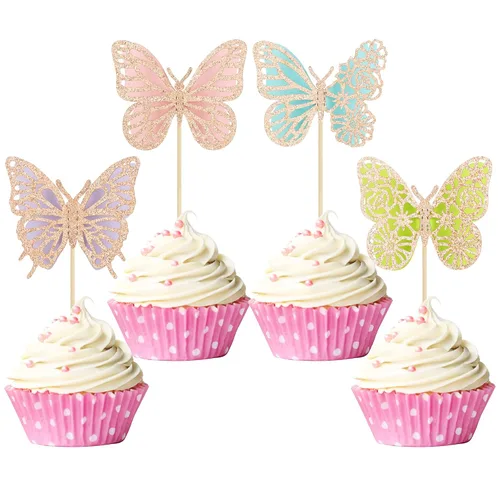 Miniatura 15 de Gyufise Paquete de 24 adornos de mariposa ensamblados con purpurina dorada, decoraciones de mariposa dorada, púas para cupcakes, bodas, 4-dorado