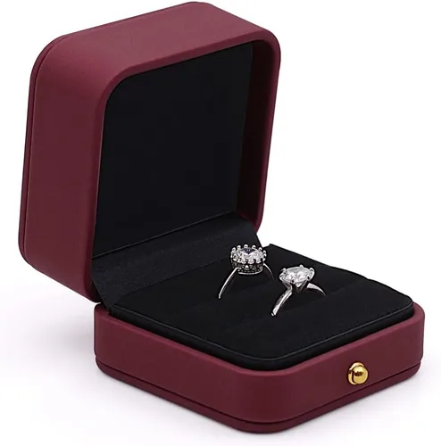 Caja de Anillos de Boda Caja de Compromiso Rojo Vino, Caja Portadora de Anillos de Joyería de Terciopelo de Cuero Cuadrada, Caja de Anillos Vintage