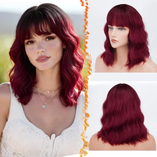 Miniatura 8 de BARSDAR Peluca rubia corta ondulada con flequillo, pelucas cortas onduladas de 14 pulgadas para mujer, pelucas sintéticas suaves hasta el hombro