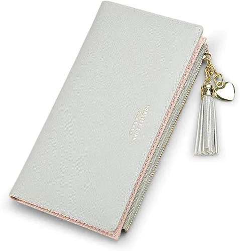 Miniatura 9 de Sumgogo - billetera delgada para mujer, con borlas largas, cierre zipper, monedero, bolso de mano, tarjetero, Negro, Grande, Minimalista