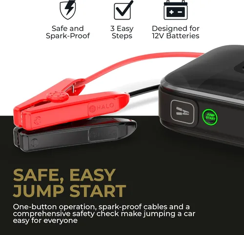 Miniatura 5 de HALO Bolt Ultimate 3 arrancador de batería de auto portátil Compresor de aire de 130 PSI, banco de energía USB de 55.5Wh, pantalla grande, faro