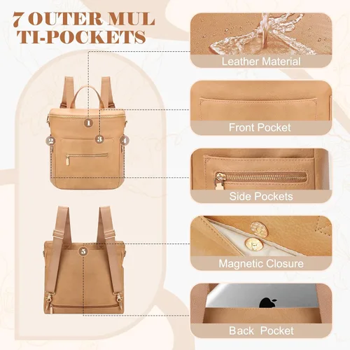 Miniatura 6 de miss fong Mochila para pañales de bebé, mochila grande de cuero para pañales con 15 bolsillos, organizador de bolsa de pañales, almohadilla Maní