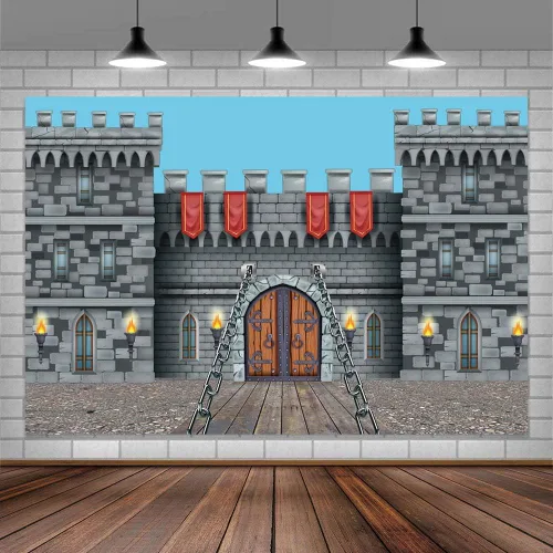 Miniatura 7 de Telón de fondo de castillo medieval de 7 x 5 pies, pancarta de decoración de fiesta de castillo de caballero con arcos medievales para puerta