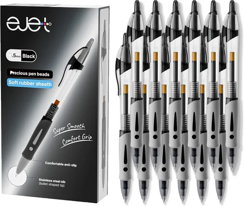 ejet Paquete de 12 bolígrafos de gel negros de línea fina de 0.020 in – Bolígrafos de gel retráctiles para una escritura suave | Ideal para la