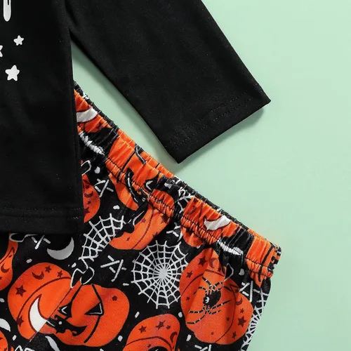 Miniatura 6 de Hnyenmcko Conjunto de ropa de Halloween para bebé niña, camiseta de manga larga con letras y pantalones de campana de calabaza con diadema, 3