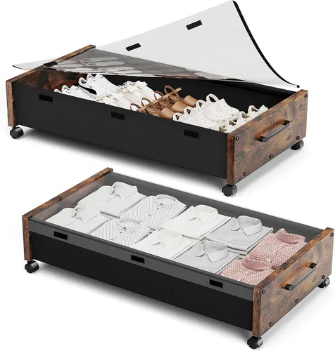 Miniatura 11 de KITHELP Almacenamiento de madera debajo de la cama con ruedas, contenedores de almacenamiento rodantes debajo de la cama con tapa extraíble, cajones