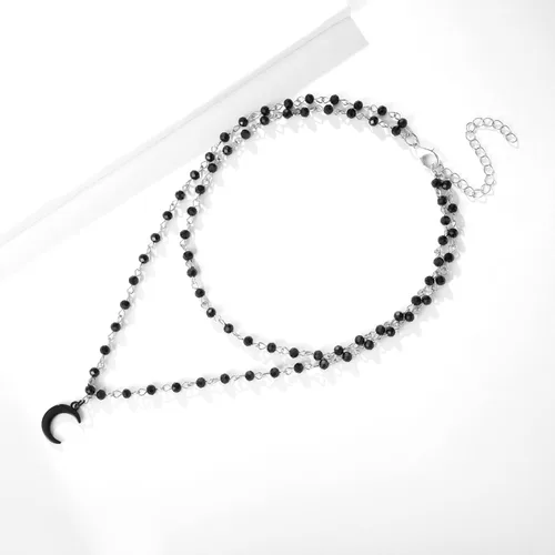 Miniatura 3 de Collar de luna para mujer, collar de luna creciente negra en capas, collar de joyería de bruja gótica, collar de cuentas de ónix, collar gótico