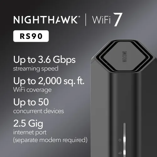 Miniatura 2 de NETGEAR Router WiFi 7 de doble banda Nighthawk (RS90): solo enrutador, velocidad inalámbrica BE3600 (hasta 3,6 Gbps) - Cubre hasta 2,000 pies