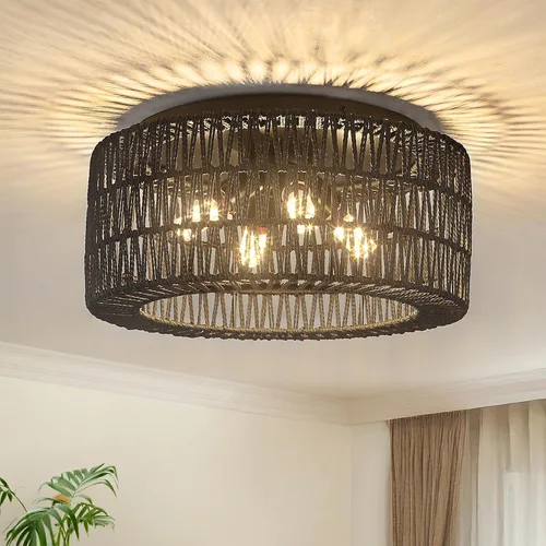 Miniatura 13 de Lámparas de techo de ratán, montaje en techo, 3 luces, lámpara de techo de montaje empotrado estilo boho, lámpara de sombra de jaula tejida a mano