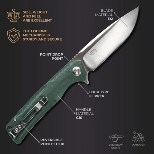 Miniatura 3 de Firebird GANZO FH91-GB Cuchillo plegable de bolsillo con rodamientos de bolas, hoja de acero D2, mango ergonómico G10 antideslizante con clip, Verde