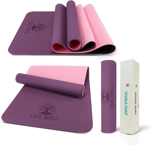 Live Well - Tapete de yoga TPE para mujer, antideslizante, con correa, extra grueso de 0.236 pulgadas, color rosa, para entrenamiento en casa y uso