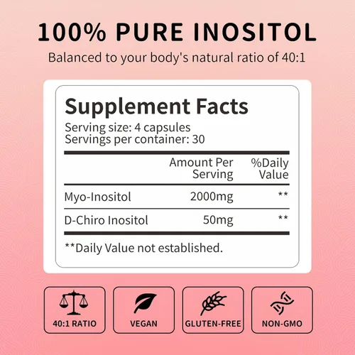 Miniatura 3 de Myo-inositol y D-Chiro Inositol (proporción 40:1) - Apoya el equilibrio hormonal, la fertilidad y la salud ovárica - 120 cápsulas veganas, paquete