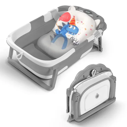Miniatura 12 de Bañera para bebé, bañera plegable para bebé con termómetro y cojín flotante suave, bañeras portátiles de viaje para bebés para recién nacidos a Gris