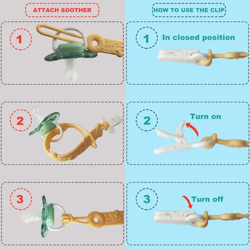Miniatura 5 de Clip MOBU - Paquete de 4 clips de silicona para chupete para bebé, niño, niña, recién nacido, artículos esenciales de una pieza, soporte universal