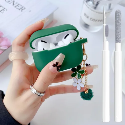 Miniatura 47 de Bonita funda negra para Airpods de 2ª/1ª generación para niñas y mujeres, con llavero de pompón de flores y kit de limpieza, funda protectora tipo