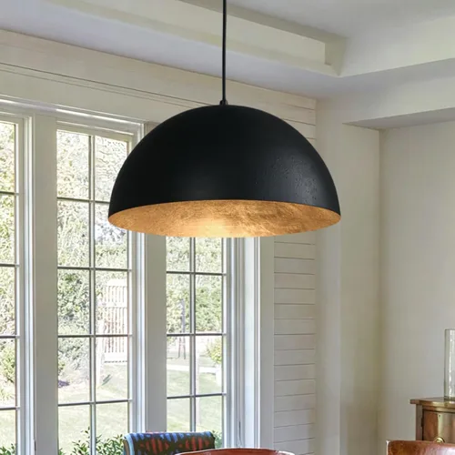 Lámpara colgante de hoja negra y dorada de 15 pulgadas, lámpara de cúpula negra mate granulada con interior de hoja dorada aplicada a mano, enchufe