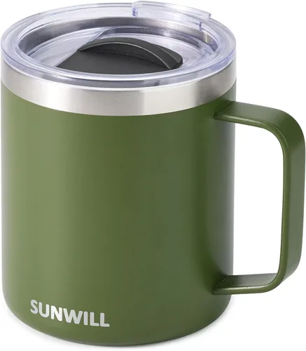 SUNWILL - Taza de café de viaje con tapa, taza aislada con asa, taza de acero inoxidable de 14 oz para acampar, oficina, hogar, recubrimiento en
